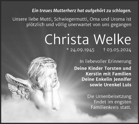 Traueranzeige von Christa Welke von Trauerkombi Bitterfeld