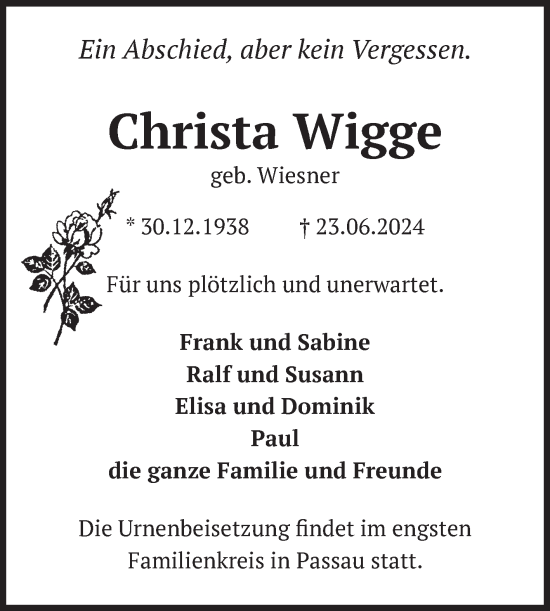Traueranzeige von Christa Wigge von Volksstimme Wernigerode