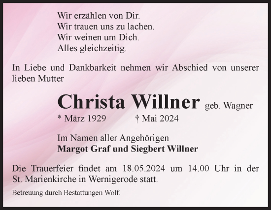 Traueranzeige von Christa Willner von Volksstimme Wernigerode
