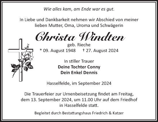 Traueranzeige von Christa Windten von Volksstimme Wernigerode