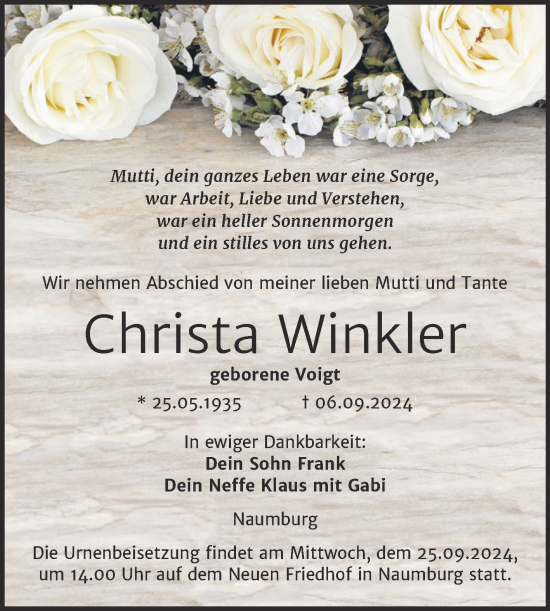 Traueranzeige von Christa Winkler von Naumburger Tageblatt