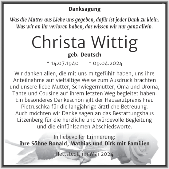 Traueranzeige von Christa Wittig von Trauerkombi Mansfelder Land