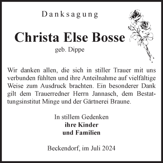 Traueranzeige von Christa Else Bosse von Volksstimme Oschersleben/Wanzleben