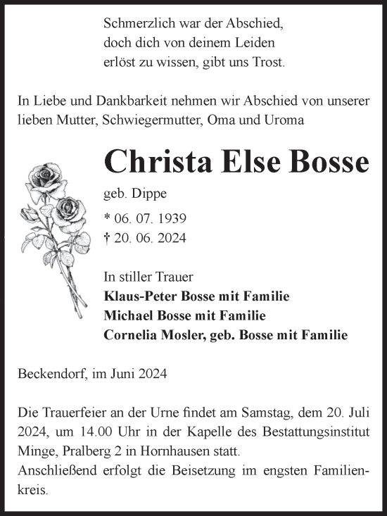 Traueranzeige von Christa Else Bosse von Volksstimme Oschersleben/Wanzleben