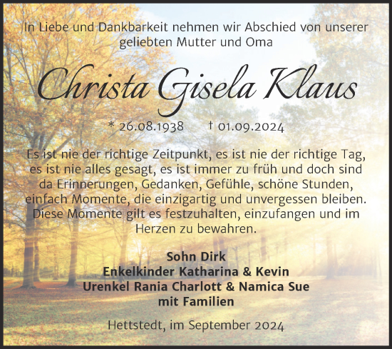 Traueranzeige von Christa Gisela Klaus von Trauerkombi Mansfelder Land
