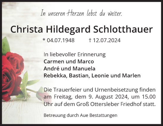 Traueranzeige von Christa Hildegard Schlotthauer von Volksstimme Magdeburg