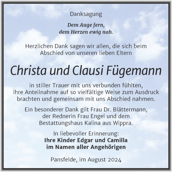 Traueranzeige von Christa und Clausi Fügemann von Trauerkombi Quedlinburg