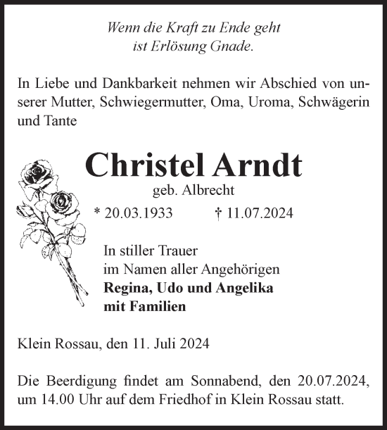 Traueranzeige von Christel Arndt von Volksstimme Altmark Ost