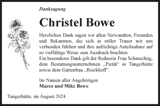 Traueranzeige von Christel Bowe von Volksstimme Altmark Ost