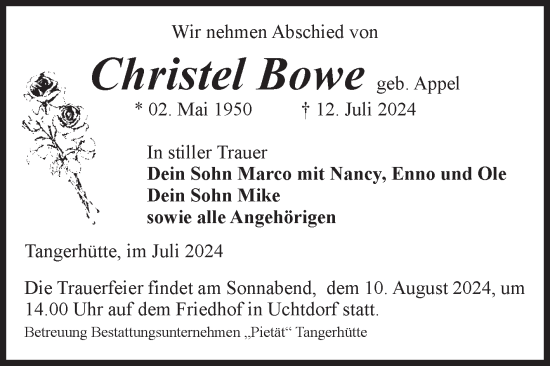Traueranzeige von Christel Bowe von Volksstimme Altmark Ost