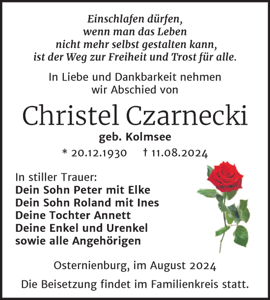 Traueranzeige von Christel Czarnecki von Trauerkombi Köthen