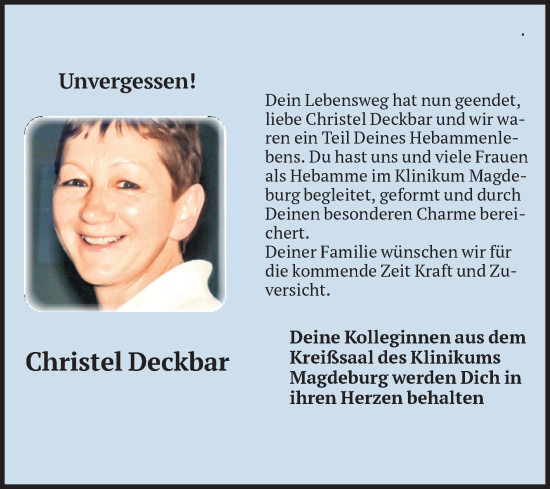 Traueranzeige von Christel Deckbar von Volksstimme Magdeburg