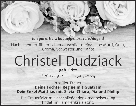 Traueranzeige von Christel Dudziack von Trauerkombi Bitterfeld