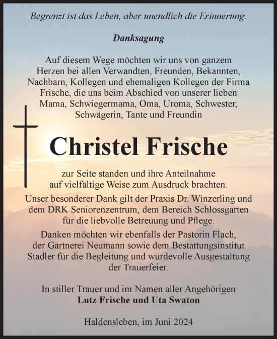 Traueranzeige von Christel Frische von Volksstimme Haldensleben/Wolmirstedt