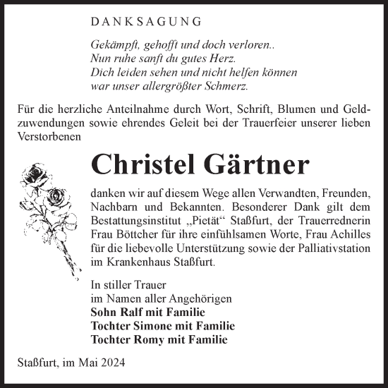 Traueranzeige von Christel Gärtner von Volksstimme Staßfurt