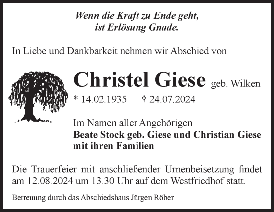Traueranzeige von Christel Giese von Volksstimme Magdeburg