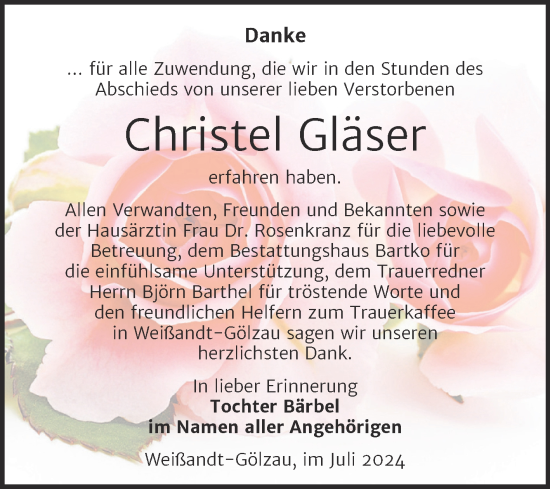 Traueranzeige von Christel Gläser von Trauerkombi Köthen