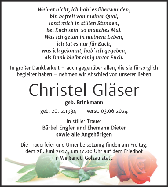 Traueranzeige von Christel Gläser von Trauerkombi Köthen