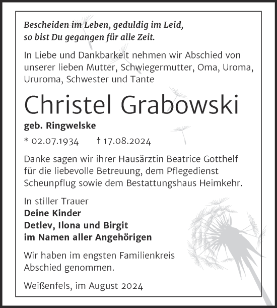 Traueranzeige von Christel Grabowski von Trauerkombi Weißenfels