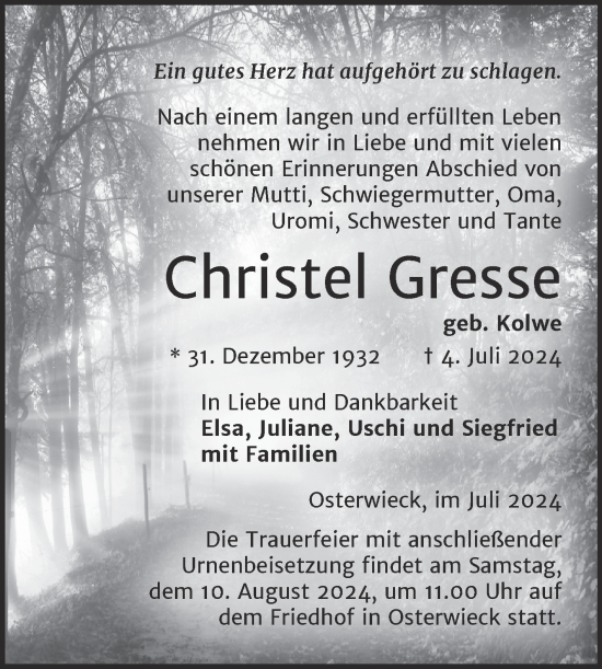 Traueranzeige von Christel Gresse von Volksstimme Halberstadt