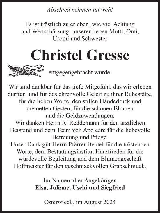 Traueranzeige von Christel Gresse von Volksstimme Halberstadt