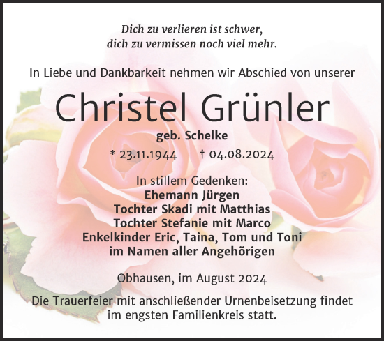 Traueranzeige von Christel Grünler von Trauerkombi Merseburg
