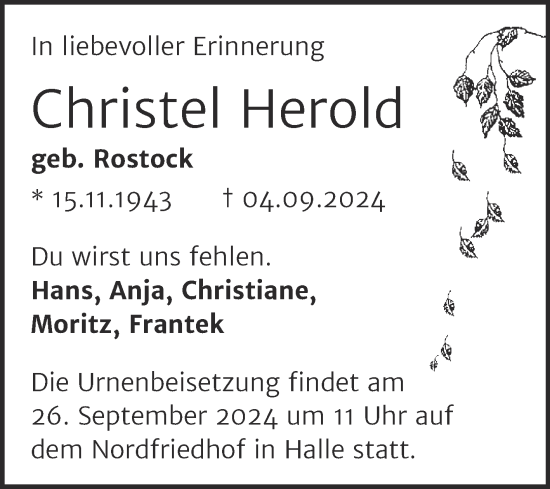Traueranzeige von Christel Herold von Mitteldeutsche Zeitung Halle/Saalkreis