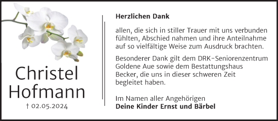 Traueranzeige von Christel Hofmann von Trauerkombi Sangerhausen