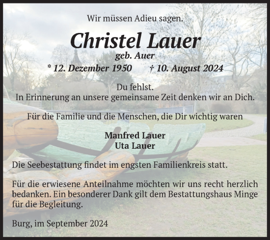 Traueranzeige von Christel Lauer von Volksstimme Burg/Genthin