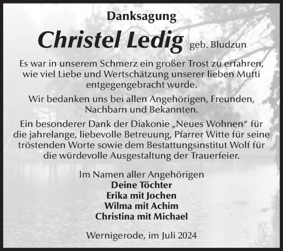 Traueranzeige von Christel Ledig von Volksstimme Wernigerode