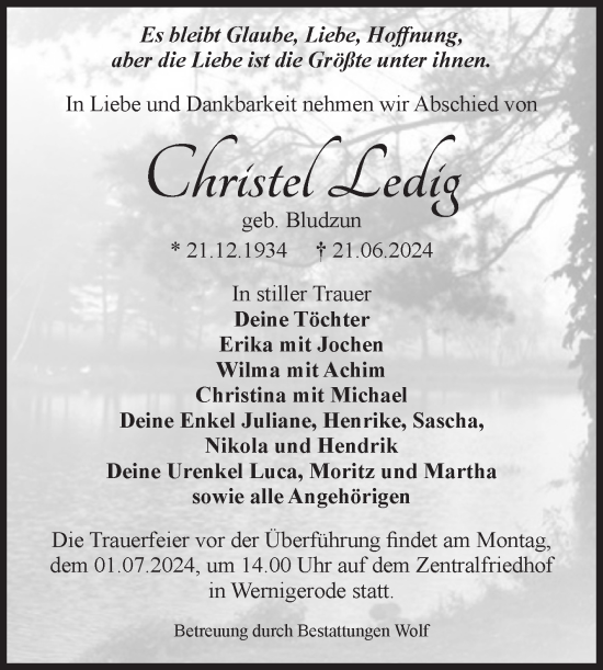 Traueranzeige von Christel Ledig von Volksstimme Wernigerode