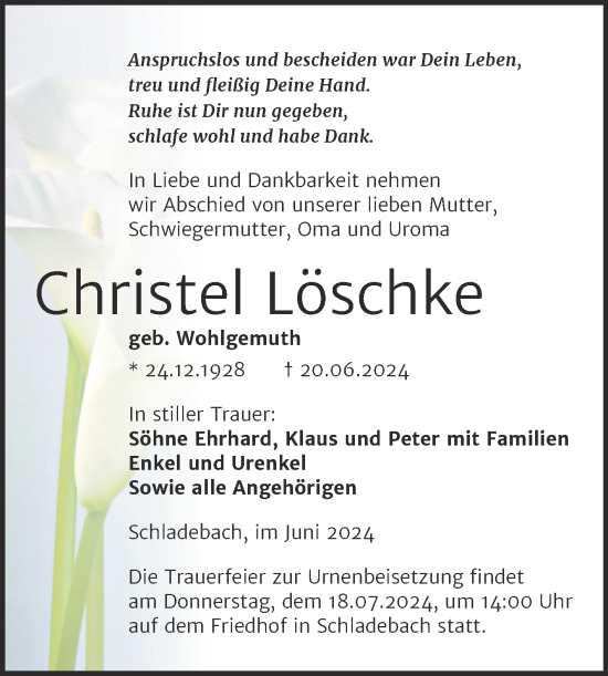 Traueranzeige von Christel Löschke von Trauerkombi Merseburg