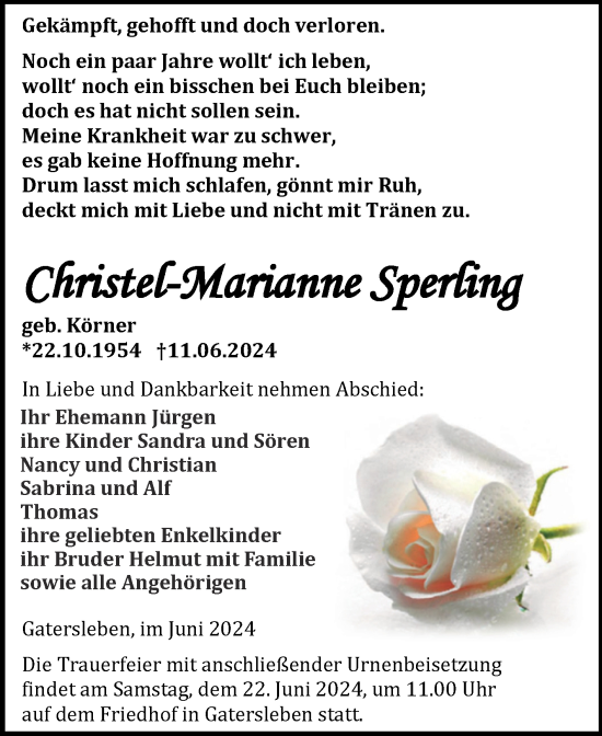 Traueranzeige von Christel-Marianne Sperling von Trauerkombi Aschersleben