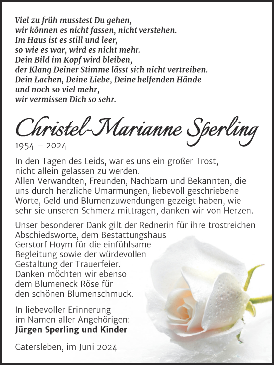 Traueranzeige von Christel-Marianne Sperling von Trauerkombi Aschersleben
