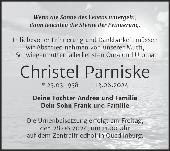Traueranzeige von Christel Parniske von Trauerkombi Quedlinburg