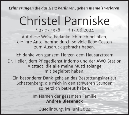 Traueranzeige von Christel Parniske von Trauerkombi Quedlinburg