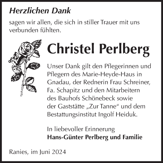 Traueranzeige von Christel Perlberg von Volksstimme Schönebeck