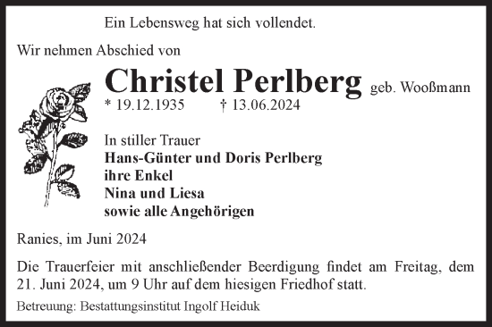 Traueranzeige von Christel Perlberg von Volksstimme Schönebeck