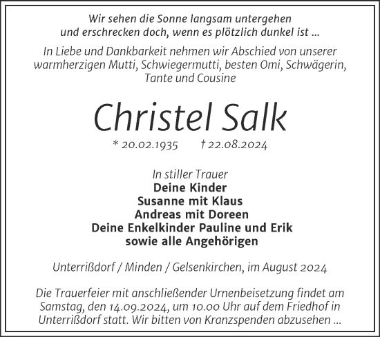 Traueranzeige von Christel Salk von Trauerkombi Mansfelder Land