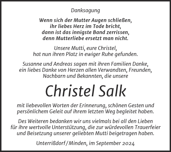 Traueranzeige von Christel Salk von Trauerkombi Mansfelder Land