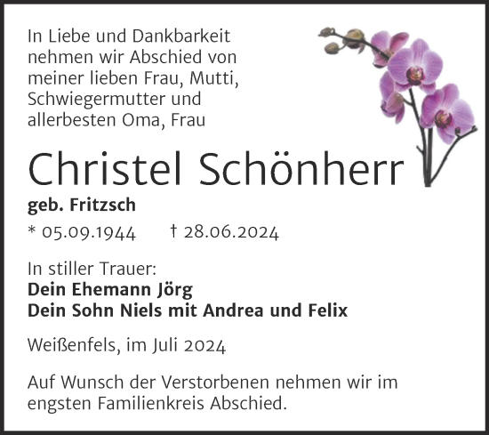 Traueranzeige von Christel Schönherr von Trauerkombi Weißenfels