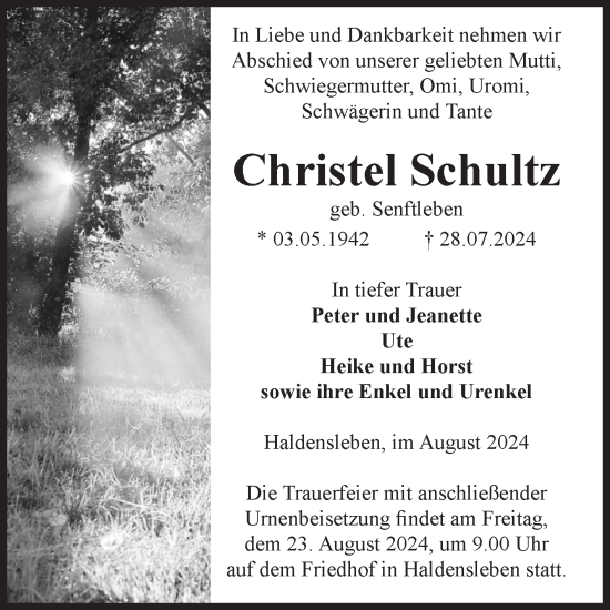 Traueranzeige von Christel Schultz von Volksstimme Haldensleben/Wolmirstedt
