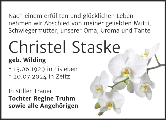 Traueranzeige von Christel Staske von Trauerkombi Mansfelder Land