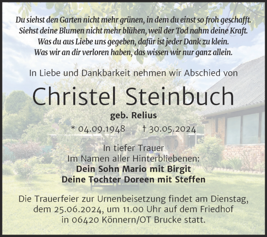 Traueranzeige von Christel Steinbuch von Trauerkombi Bernburg