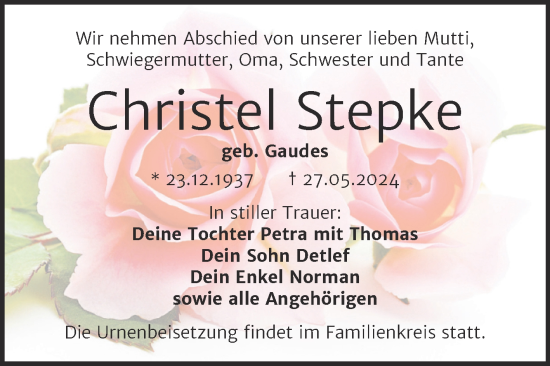 Traueranzeige von Christel Stepke von Trauerkombi Weißenfels