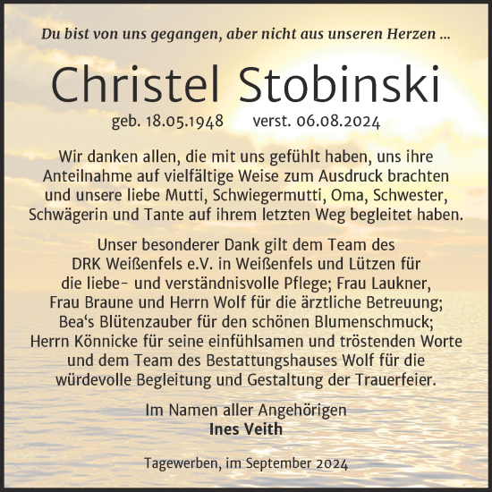 Traueranzeige von Christel Stobinski von Trauerkombi Weißenfels