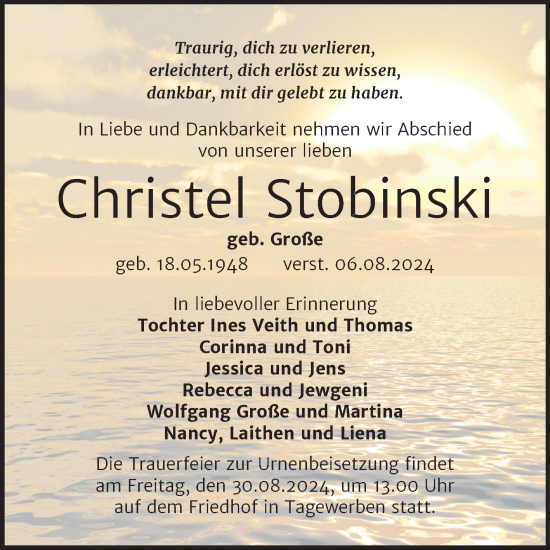 Traueranzeige von Christel Stobinski von Trauerkombi Weißenfels