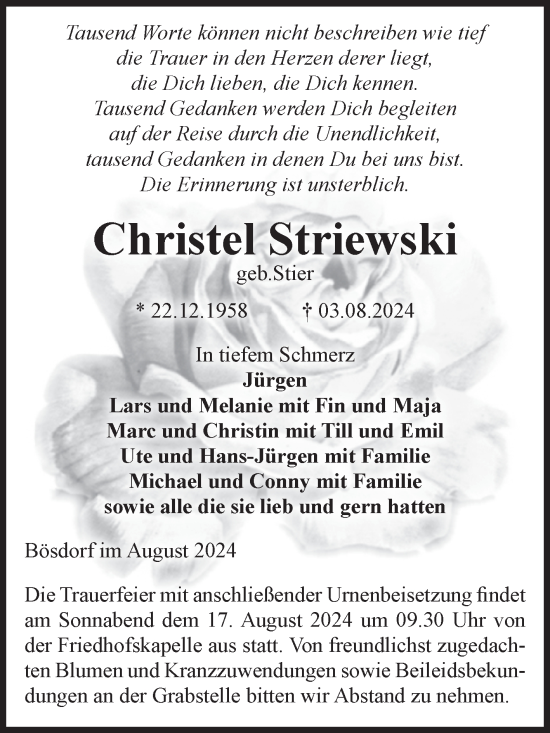 Traueranzeige von Christel Striewski von Volksstimme Altmark West