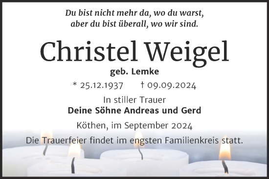Traueranzeige von Christel Weigel von Trauerkombi Köthen