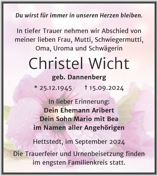Traueranzeige von Christel Wicht von Trauerkombi Mansfelder Land